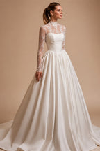 Customized Wedding Dress Vestido De Noiva Fashion High Neck Long Sleeves Top Lace Satin Bridal Gown Sweep TrainRobe Mariee