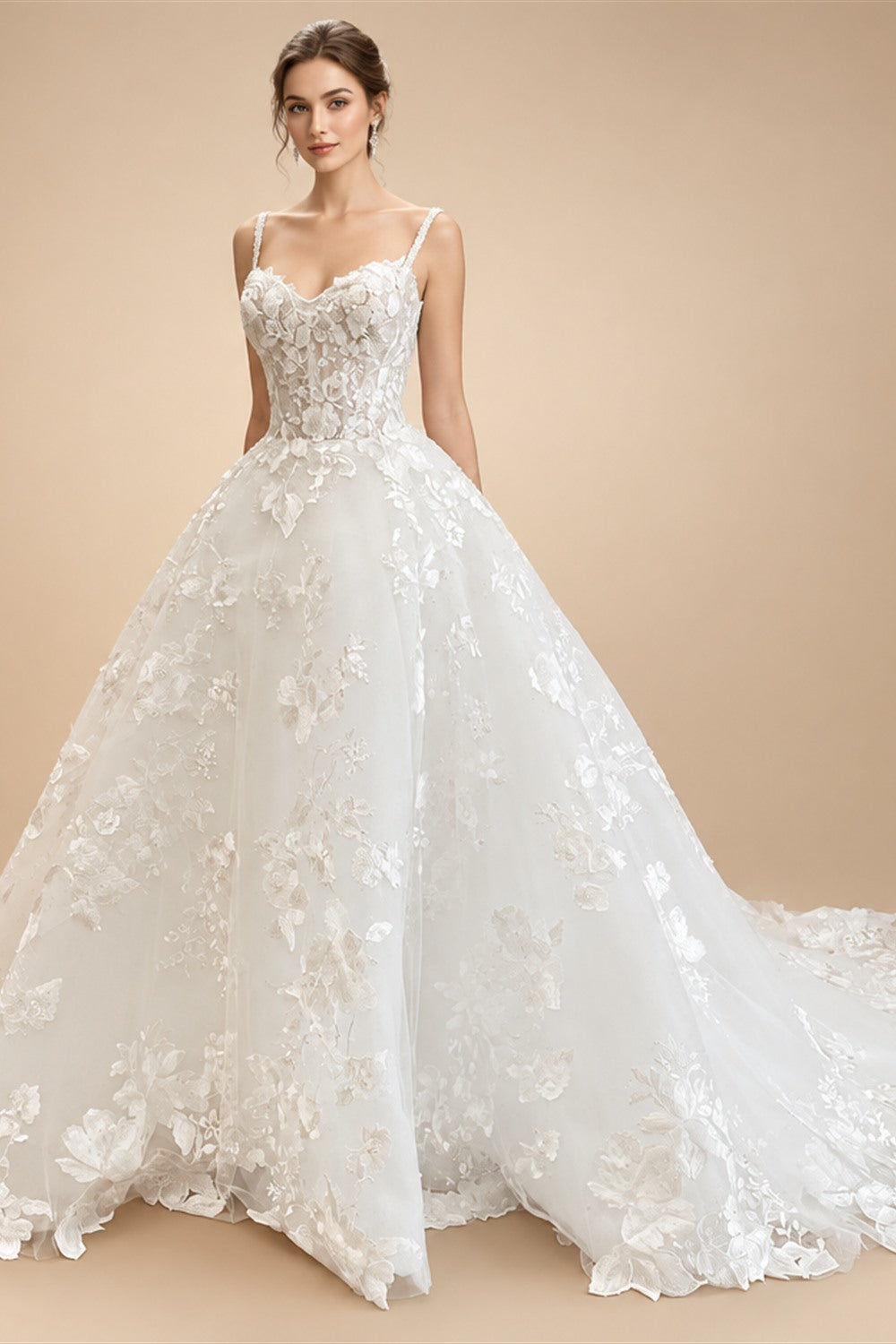 Luxury Champagne Lace Spaghetti Straps Wedding Dress For Bride