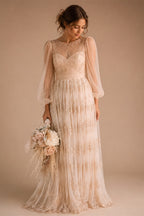 Customized Boho Lace Embroidered Long Sleeve Wedding Dress Deep V Neck and Flowy Lace Skirt for Beach Bridal Dress