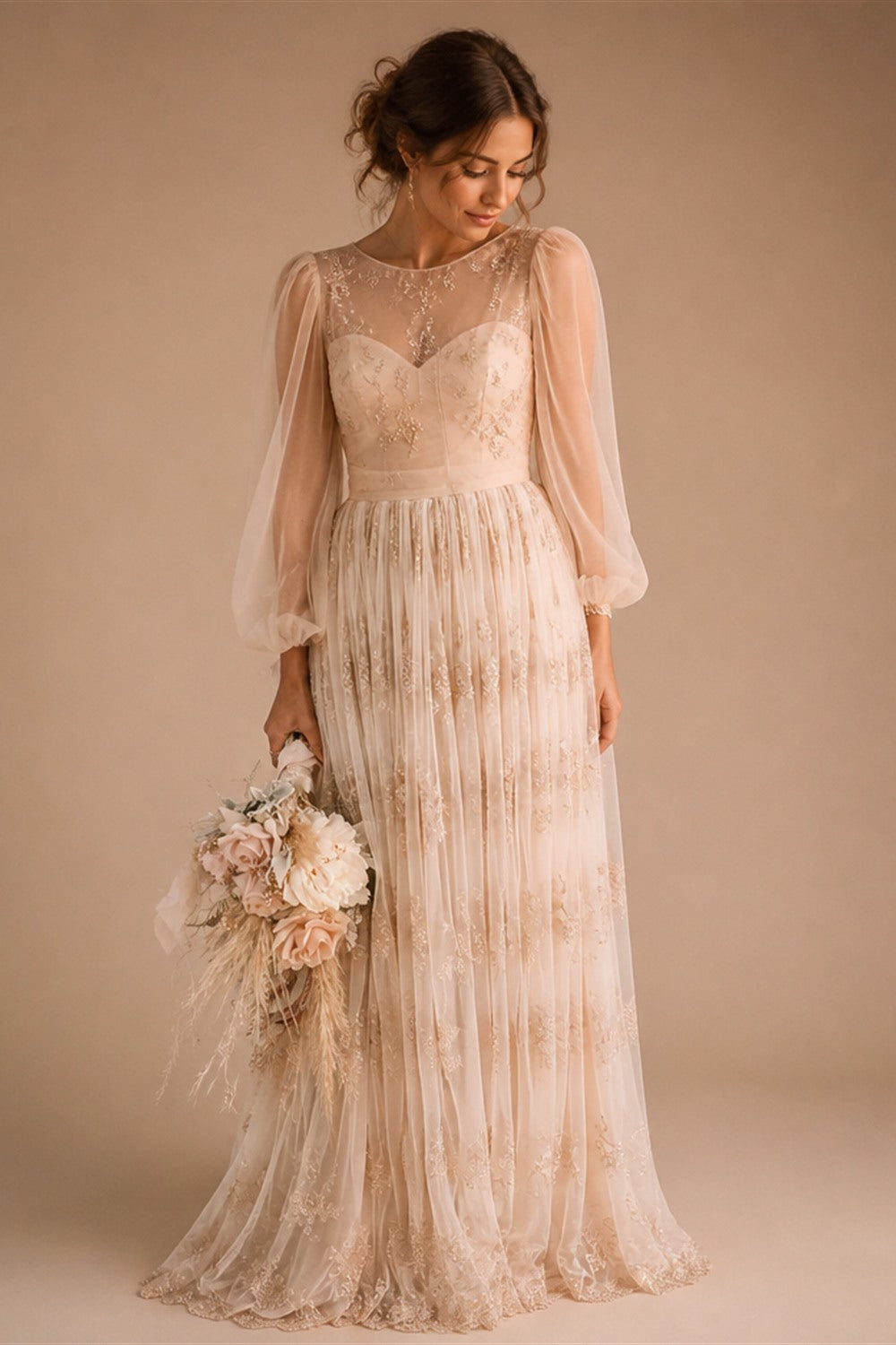 Customized Boho Lace Embroidered Long Sleeve Wedding Dress Deep V Neck and Flowy Lace Skirt for Beach Bridal Dress