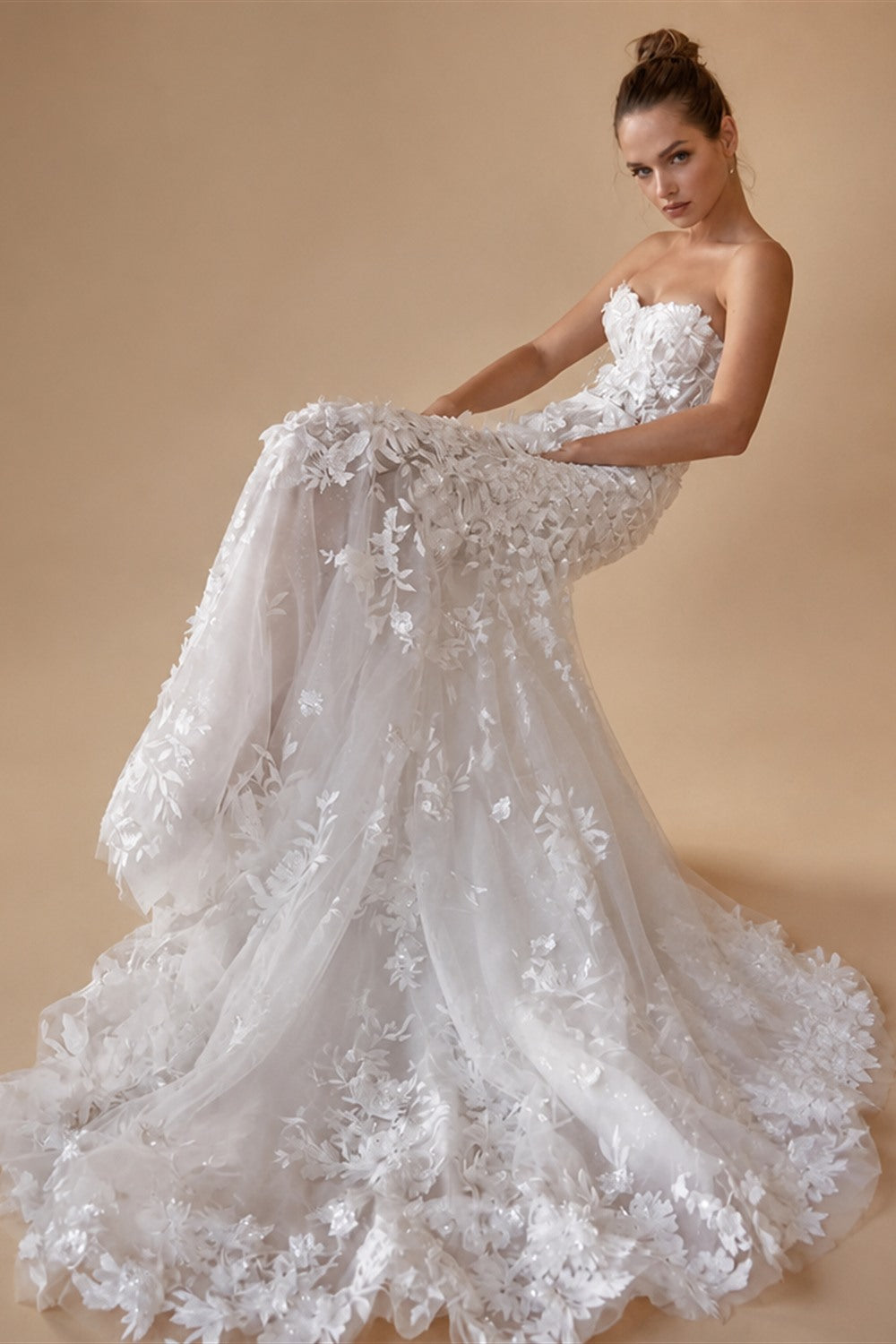 Loverxu Mermaid Sexy Wedding Dresses Strapless Long Sleeve Vestido De Novia Beading Appliques 3D Flowers Custom Made Bridal Gown
