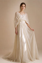 Grecian Boho Wedding Dress V‑Neck Batwing Sleeve Draped Ruched A‑Line Bridal Gown Sweep Train For Outdoor Garden Wedding
