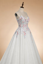 Glamorous White Floral Applique A-Line Tulle Wedding Dress with Train ZP066