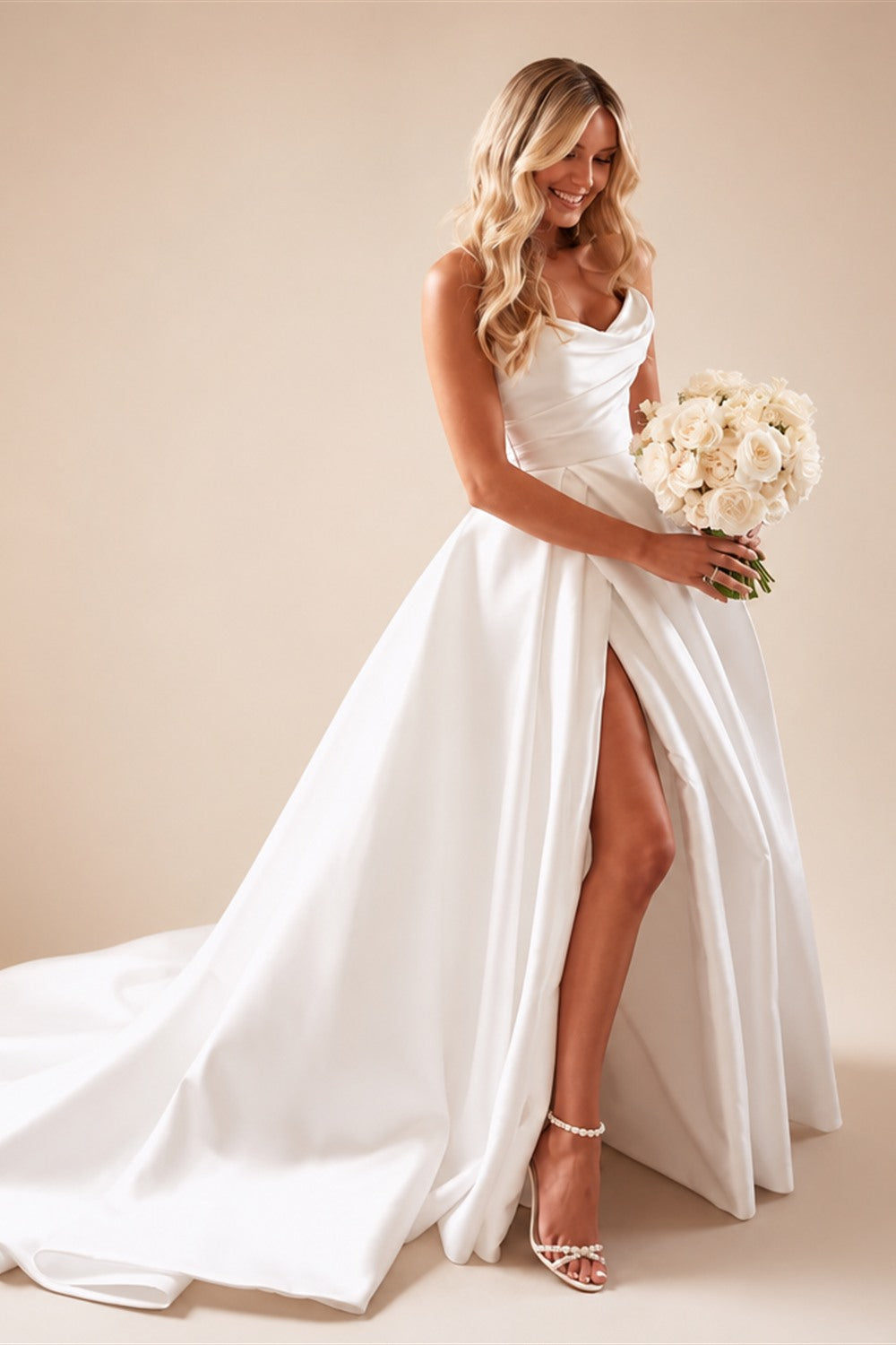 Popular Pleat Sweetheart A Line Wedding Dresses Side Slit  Vestido De Noiva Satin Appliqued Women Bridal Dresses Factory Custom