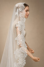 Customized Long Mantilla Veil with Eyelash Lace, 2.5m/3m Ivory Veil with Hidden Comb, Chantilly Eyelash Lace Wedding Veil