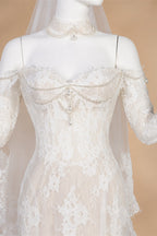 Elegant Ivory Sweetheart Neckline Sheer Lace Mermaid Wedding Dress with Veil ZP133