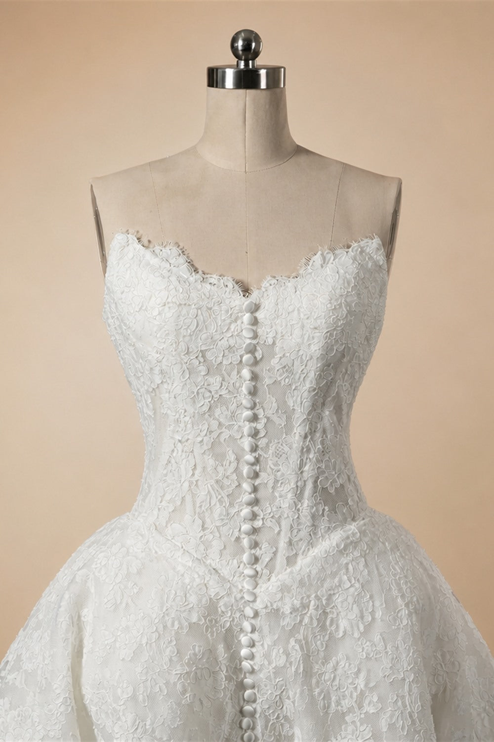 White Floral Lace Strapless Bridal Gown Sweetheart Neckline Front Button Ball Gown ZP011