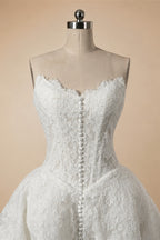 White Floral Lace Strapless Bridal Gown Sweetheart Neckline Front Button Ball Gown ZP011