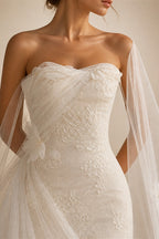 Luxury White One-Shoulder Lace Ruched Bow Mermaid Wedding Dress ZP157
