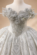 Ivory Luxury Satin Ball Gown with Silver Embroidery Wedding Dress ZP166