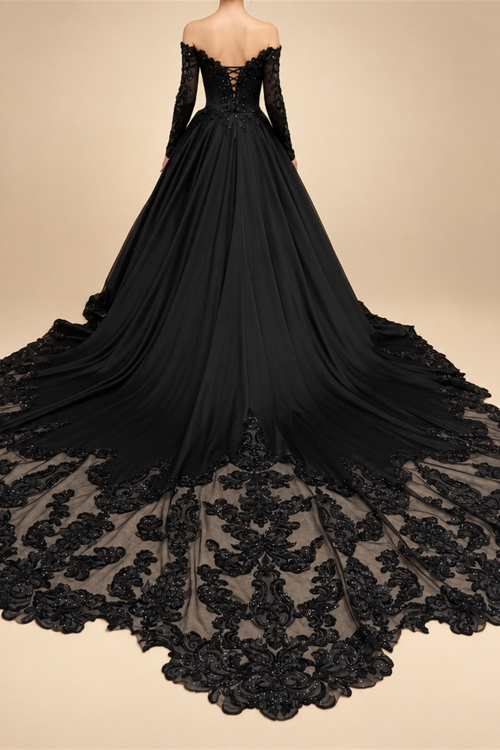 Black Luxury Gothic Wedding Dress Heavy Beading Lace Ball Gown ZP198
