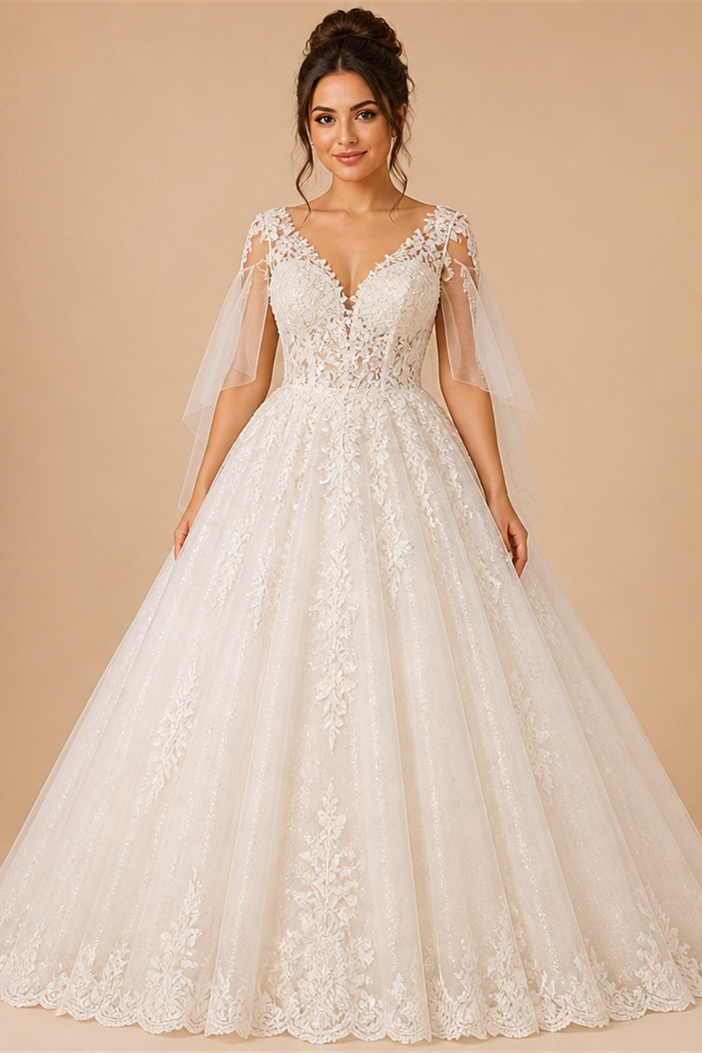 Sexy V-Neck Tulle Spaghetti Straps Outdoor Garden Wedding Dress Lace Appliques Beading Bridal Gowns A-Line Wedding Dresses