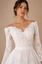 White Lace Mermaid Wedding Dress Off the Shoulder with Detachable Train and Long Sleeves ZP014