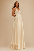 Luxury Spaghetti Strap V-Neck Lace Satin A-Line Wedding Dress with Veil ZP040