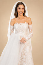 White Beaded Lace Bridal Gown with Off Shoulder Long Sleeves ZP203