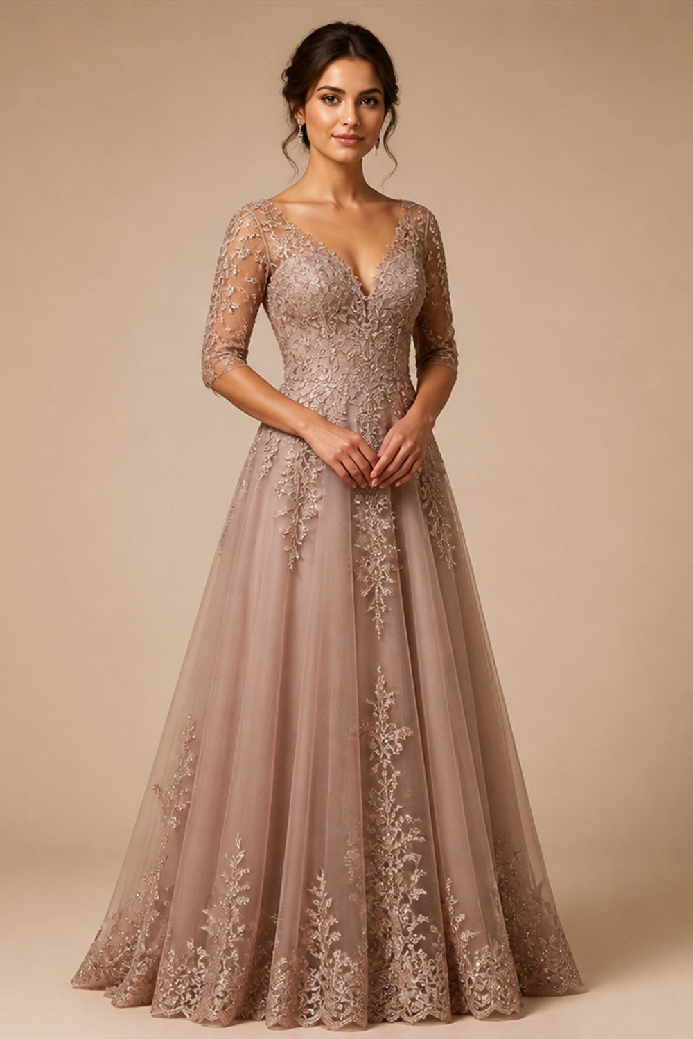 Customized Boho Lace Embroidered Long Sleeve Wedding Dress Deep V Neck and Flowy Lace Skirt for Beach Bridal Dress