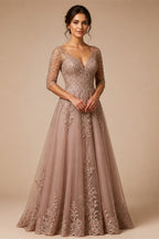 Customized Boho Lace Embroidered Long Sleeve Wedding Dress Deep V Neck and Flowy Lace Skirt for Beach Bridal Dress