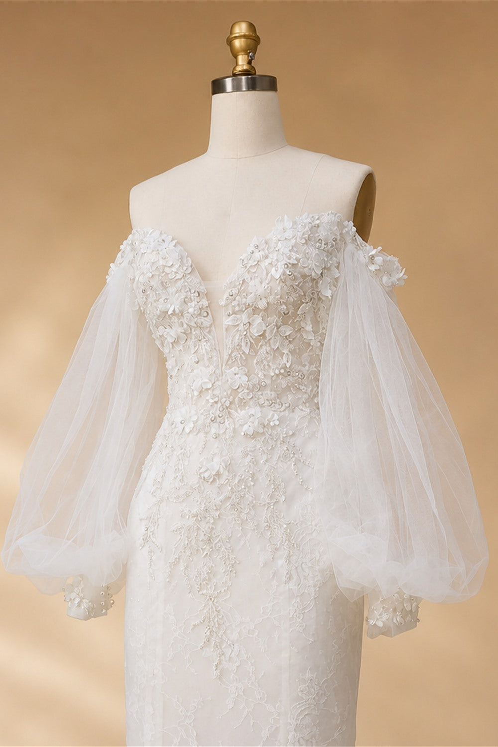 White  Off‑The‑Shoulder Puff Sleeve 3D Floral Mermaid Wedding Dress ZP005
