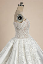 Luxury White Off-the-Shoulder Lace Satin Ball Gown Wedding Dress ZP069