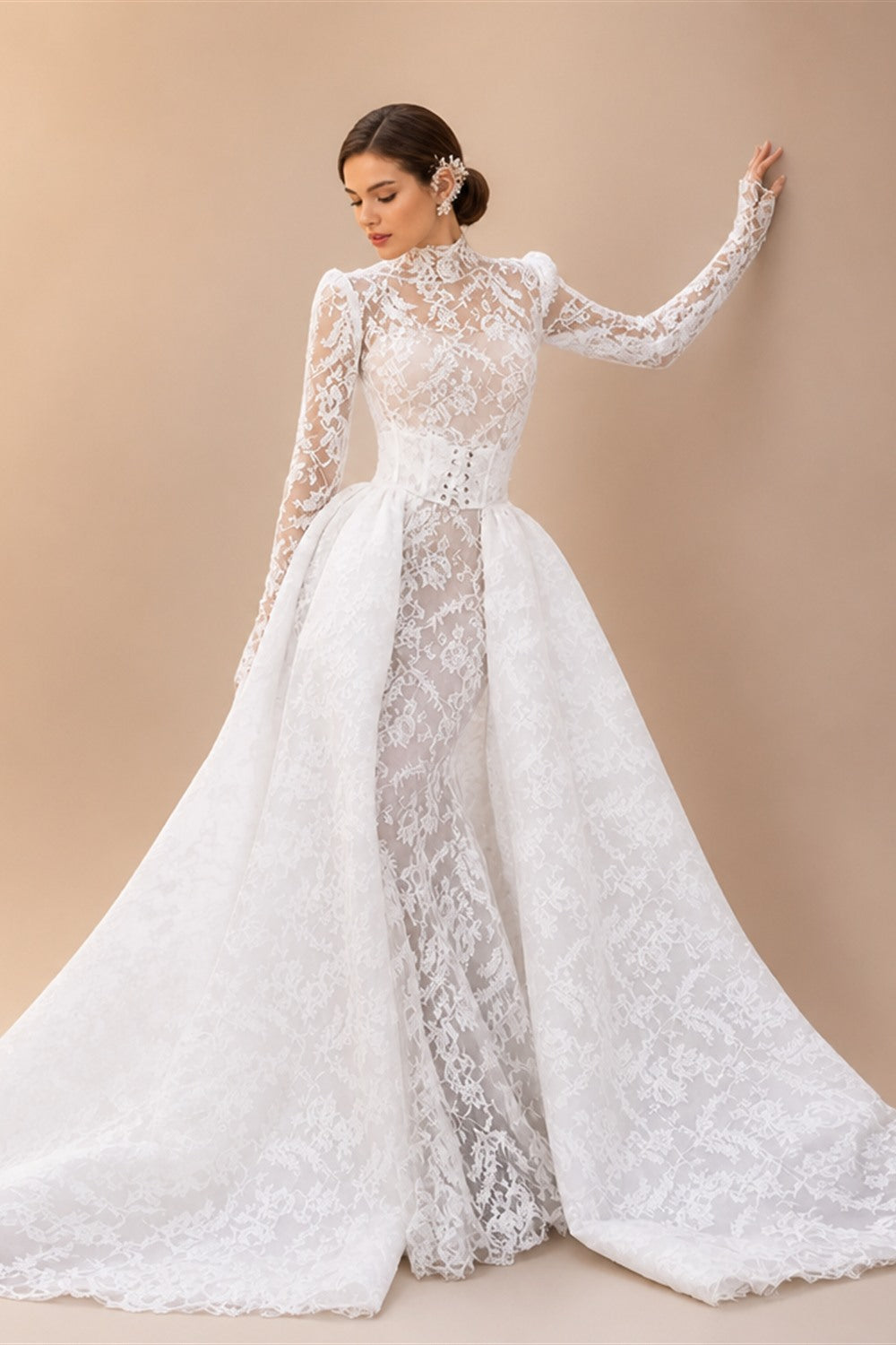 Mocaca Customized Luxury High Neck Lace Mermaid Wedding Dress Long Sleeve 2and1Detachable Train Bridal Gown Vestido De Novia