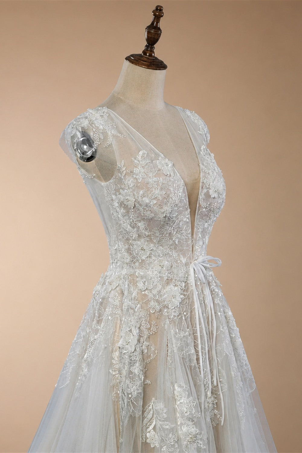 Elegant Ivory V-Neck Cap Sleeve A-Line Lace Tulle Wedding Dress ZP055