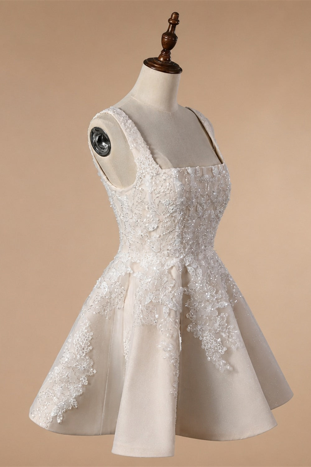 Romantic Champagne Sleeveless A-Line Short Wedding Dress with Deep V Back ZP046