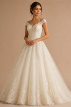 Romantic Deep V Neck Custom Bridal Gown With Floral Lace Sweep Train