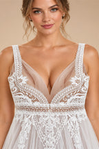Custom Summer Boho A Line Wedding Dress With Lace V Neck