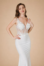 MisShow Elegant Straps White Mermaid Wedding Dresses Lace Pearls Backless V Neck Sleeveless Formal Party Gowns Vestido Marriee