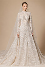 Luxury Champagne High Neck Long Sleeve Lace A-Line Wedding Dress with Buttons ZP079