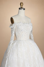 White Lace and Tulle Ball Gown Wedding Dress Off the Shoulder Beaded Bridal Dress ZP013