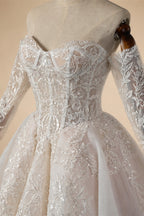 Elegant Ivory Strapless Corset Lace Tulle Bridal Gown Wedding Dress with Long Detachable Sleeves ZP067