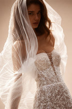 White Nude Lace Mermaid Wedding Dress Luxury Beaded Sequins   Tulle Gloves ZP032