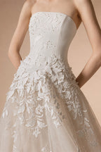 Dreamy Ivory Strapless Floral Lace Mermaid Train Wedding Dress with Veil ZP083