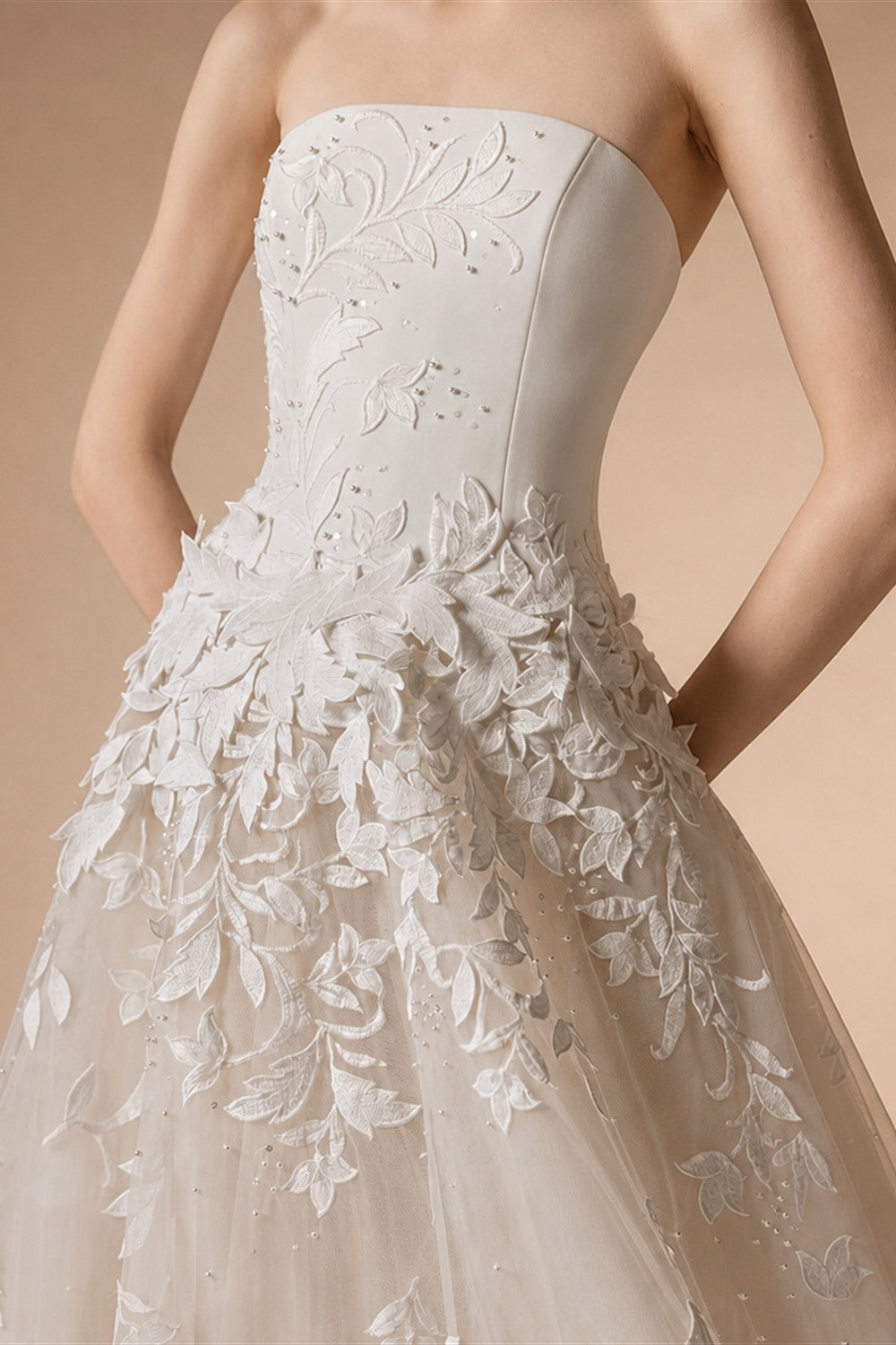 Dreamy Ivory Strapless Floral Lace Mermaid Train Wedding Dress with Veil ZP083