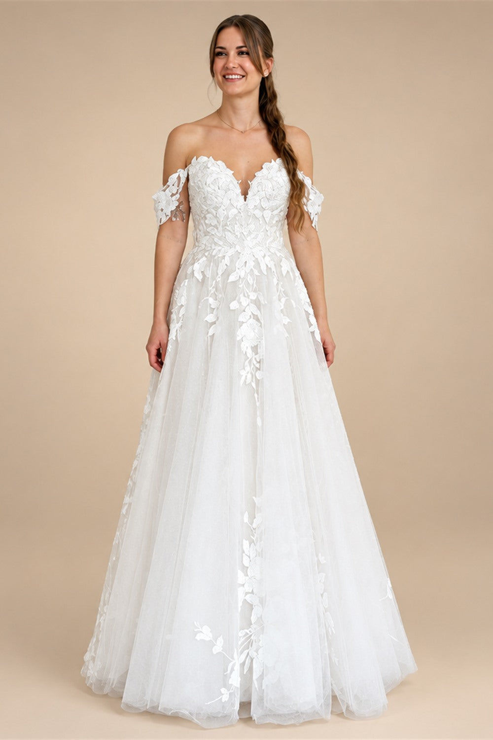 Custom Off Shoulder Wedding Gown With Lace Appliques And Cap Sleeve