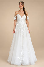 Custom Off Shoulder Wedding Gown With Lace Appliques And Cap Sleeve