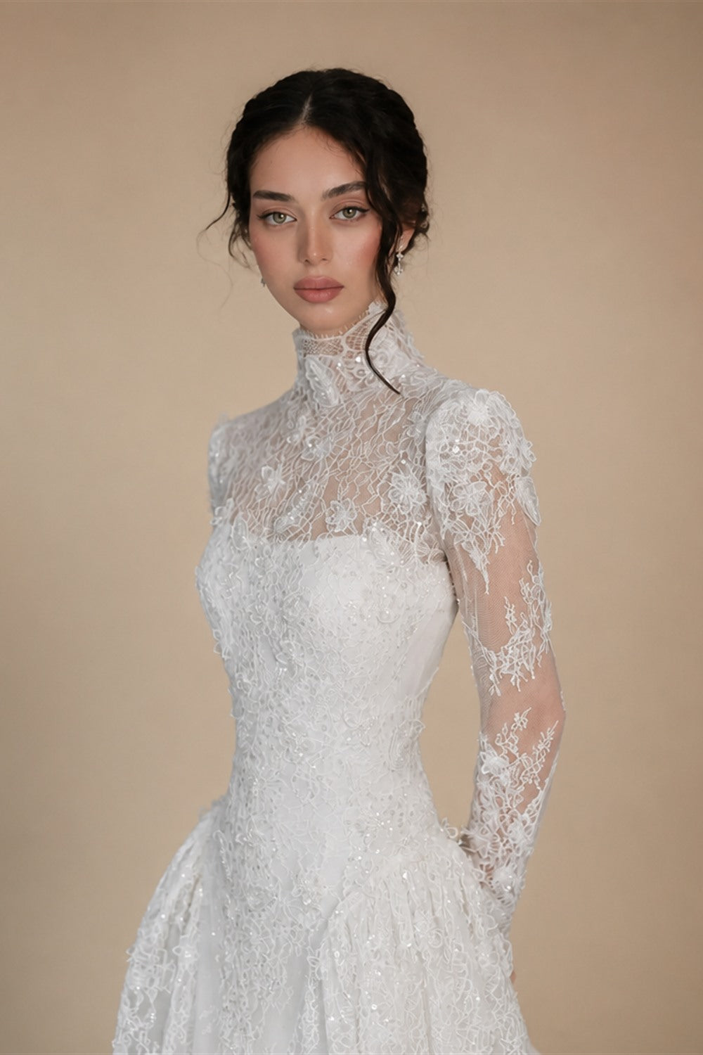 Classic Ivory Lace High Neck Long Sleeve A-Line Wedding Dress with Veil ZP107