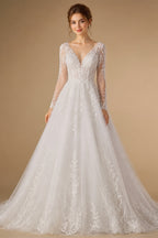 Elegant A-Line Sexy Wedding Dresses Long Sleeve Backless Bridal Dress Lace Bow Luxury Bride Gowns Vestido De Novia Customized