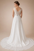 Boho A Line Chiffon Wedding Dress Sleeveless Deep V Lace Sheer Back Buttons Sweep Train Beach Bridal Gown Custom Vestido Novia