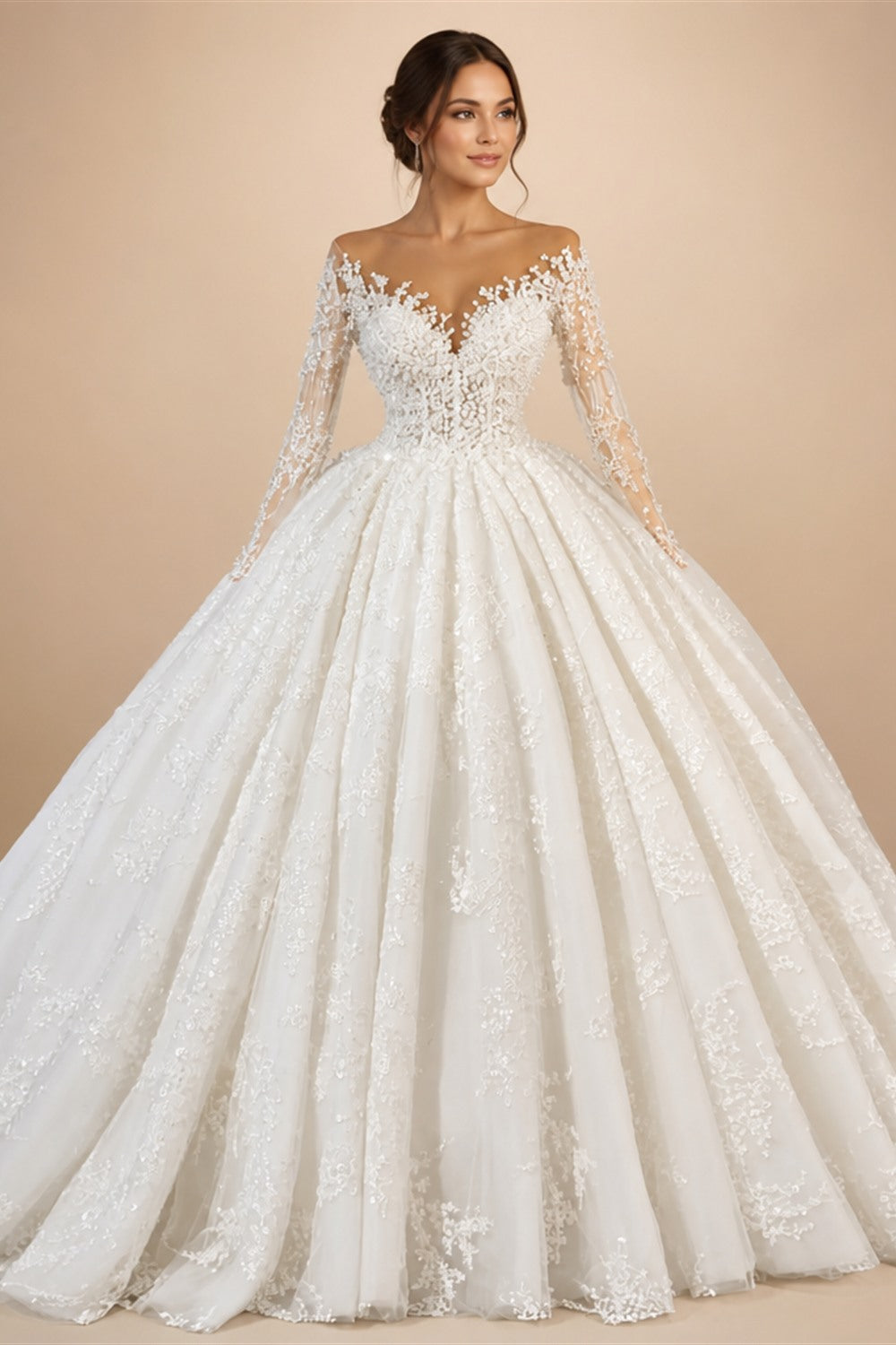 Alonlivn Elegant Silky Lace Of V-Neck Full Sleeve A Line Wedding Dress Beading Pearls Brown Skin Bridal Gowns