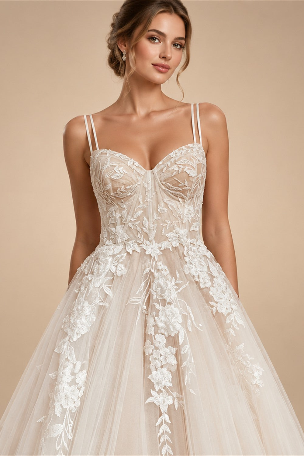 Princess Lace Wedding Dress Bridal Robe 2024 Vestido Spaghetti Straps Chapel Train Champagne Tulle Wedding Gown (ZD02147)