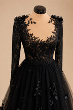 Black Luxury Gothic Wedding Dress 3D Floral Lace Tulle Sweep Train ZP026
