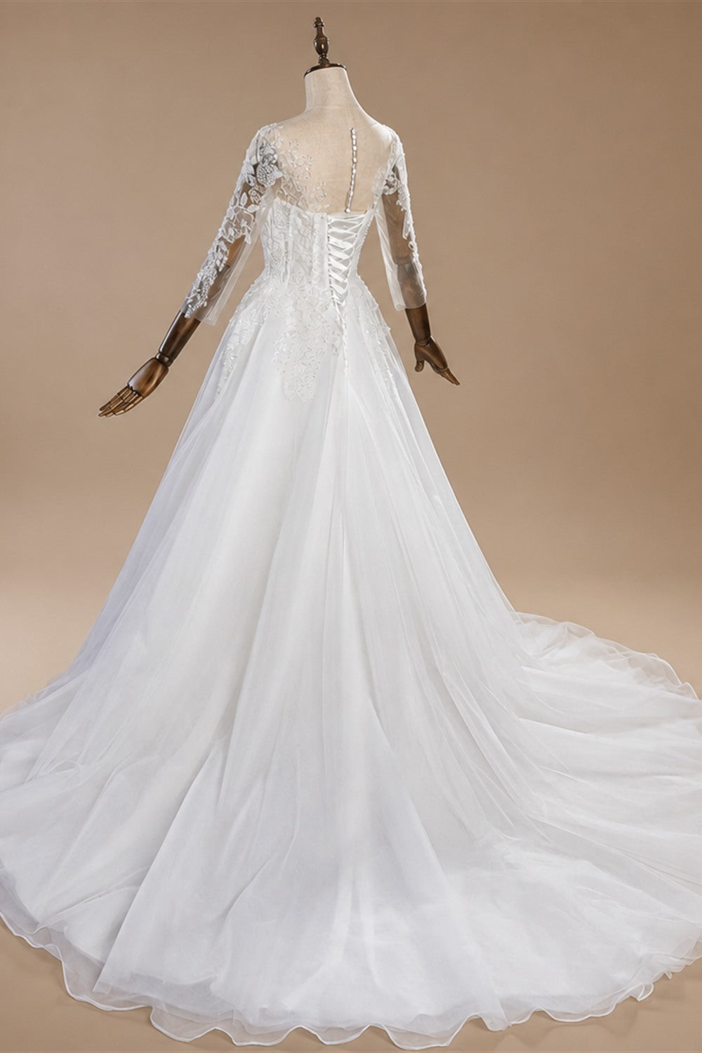 Glamorous White Illusion Neck Lace & Tulle Wedding Dress with Cathedral Train ZP063