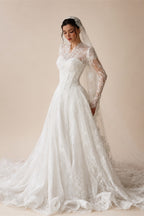 Romantic White Lace Long Sleeve A-Line Wedding Dress with Veil ZP109