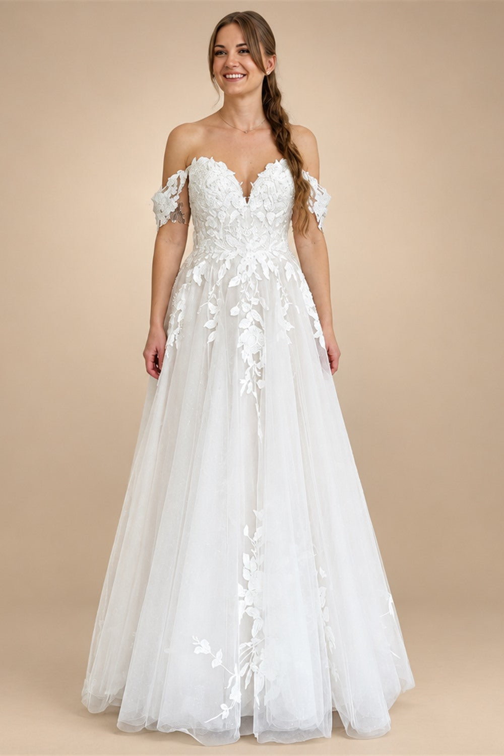 Custom Off Shoulder Wedding Gown With Lace Appliques And Cap Sleeve