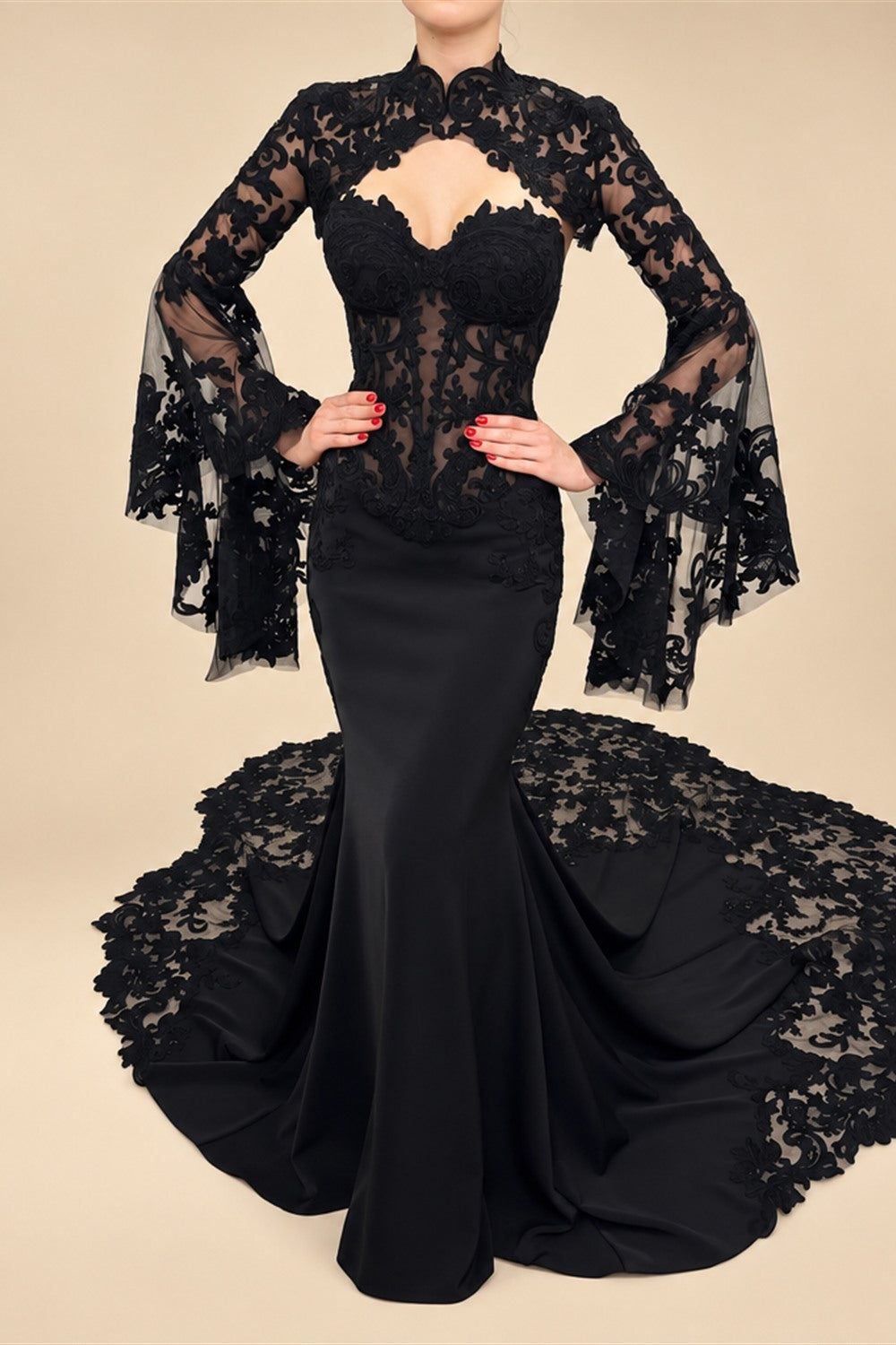 Black Luxury Gothic  Wedding Dress Sheer Lace Mermaid  ZP200