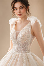 Supper Gorgeous Shiny Crystal Lace Ball Gown Wedding Dress Wih Chapel Train V-neck Bow Shoulder Princess Bridal Dresses