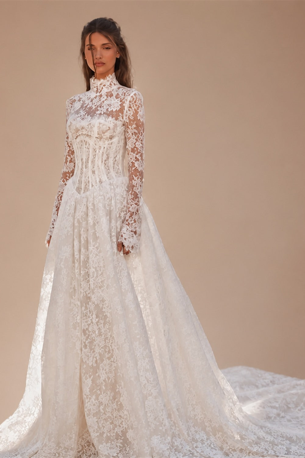 Vintage Ivory High Neck Long Sleeve Lace Backless Ball Gown Wedding Dress ZP131