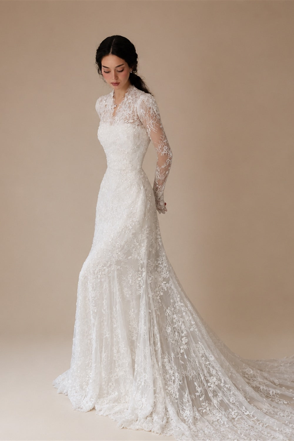 Elegant Ivory Lace High Neck Long Sleeve Train Mermaid Wedding Dress with Veil ZP108